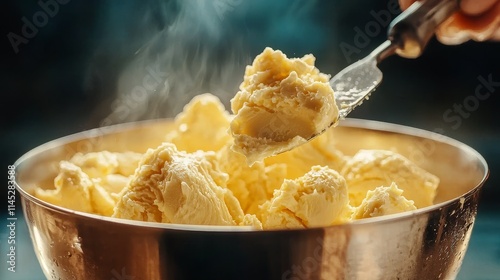 Close-up butter spread, stainless steel knife, creamy butter texture, utensil in action photo