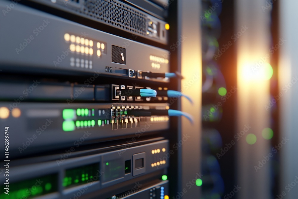 Close-up of server equipment with cables and illuminated indicators. Close-up of server equipment with cables and illuminated indicators.