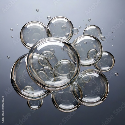 Abstract 3D render of floating liquid transparent bubbles that collide with each other over grey background