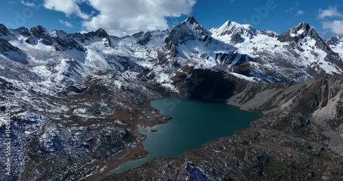 Aerial footage of beautiful high altitude mountains and lake landscape