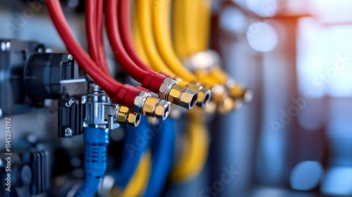 Close-up of colorful hoses with connectors, used in industrial applications.
