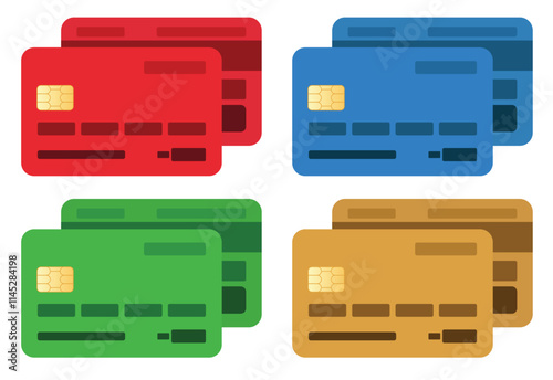 Simple Debit Card Collection with Front and Bottom View with Red Blue Green Gold Colors