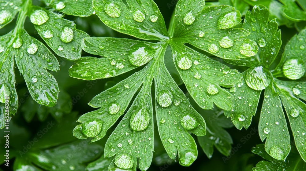 Rainy foliage, water fern leaves and shimmering droplets Rainy foliage, water fern leaves and shimmering droplets