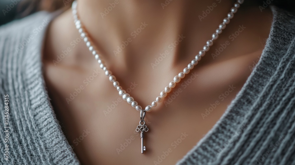 Close-up of woman wearing delicate pearl necklace with key pendant. Close-up of woman wearing delicate pearl necklace with key pendant.