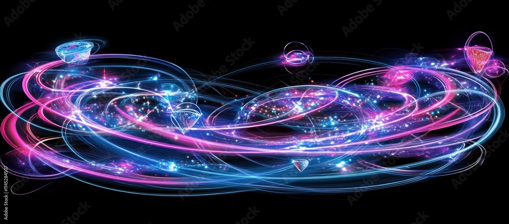 Abstract swirling light trails with glowing particles and gems, creating a dynamic energy flow. Abstract swirling light trails with glowing particles and gems, creating a dynamic energy flow.