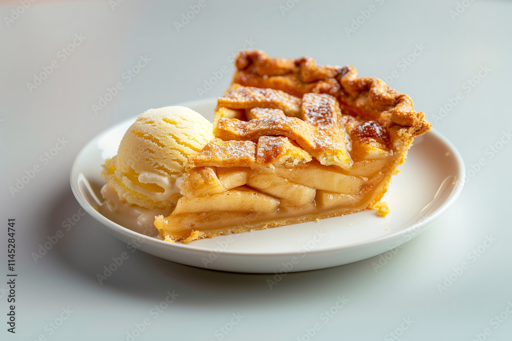 Slice of lattice-topped apple pie served with a scoop of vanilla ice cream on a white plate, dusted with powdered sugar, on a light background Slice of lattice-topped apple pie served with a scoop of vanilla ice cream on a white plate, dusted with powdered sugar, on a light background