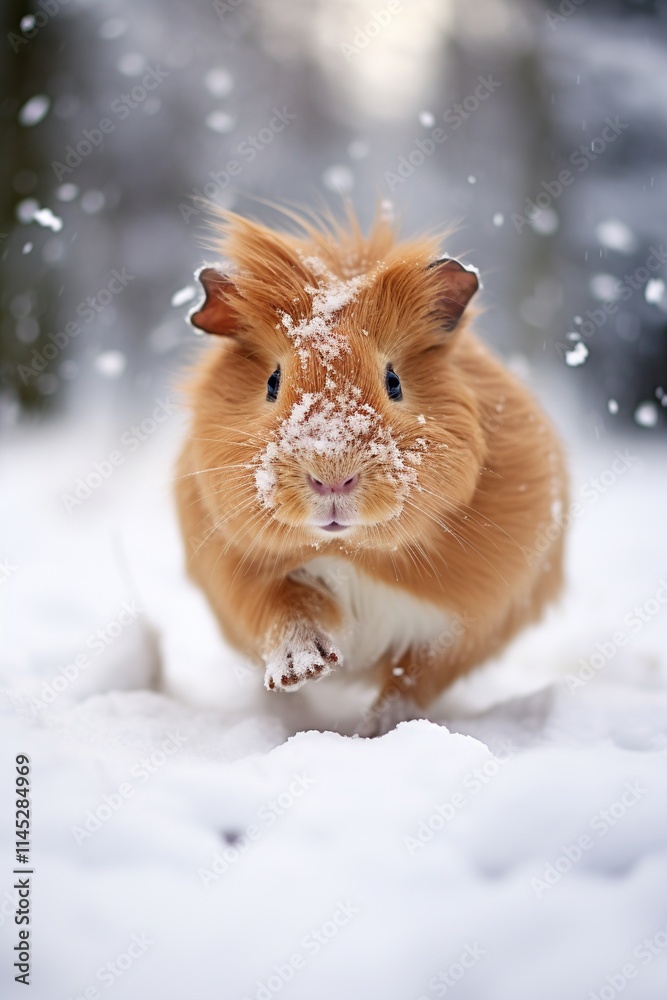 A guinea pig running through white snow in nature. A guinea pig running through white snow in nature.