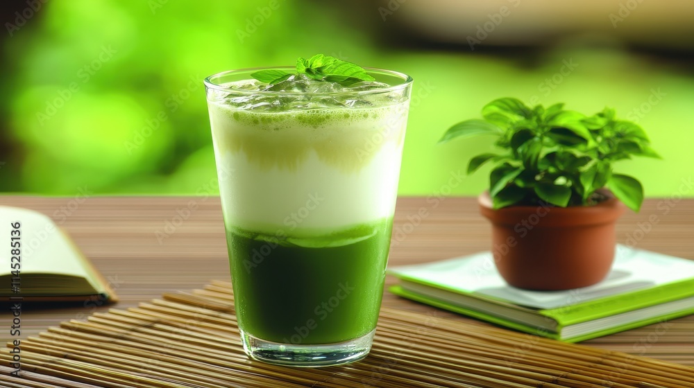 A perfectly layered iced matcha latte with a clear distinction between milk and green tea, served in a tall glass on a bamboo mat. Nearby, a small potted plant and a book create a serene atmosphere. A perfectly layered iced matcha latte with a clear distinction between milk and green tea, served in a tall glass on a bamboo mat. Nearby, a small potted plant and a book create a serene atmosphere.