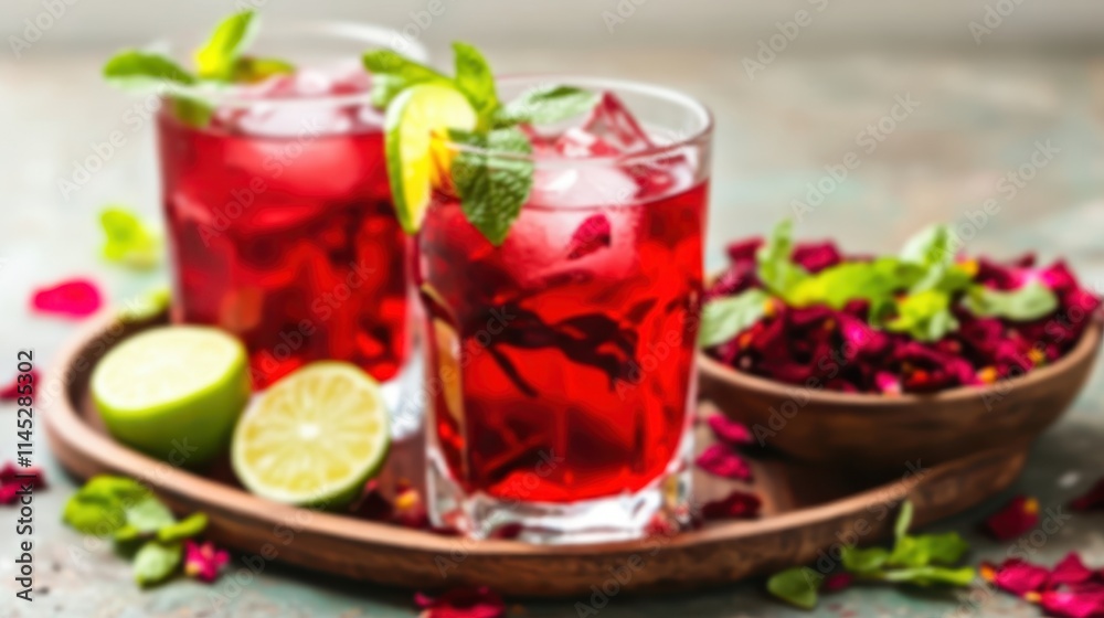 A refreshing glass of iced hibiscus tea garnished with fresh mint leaves and a lime wedge, served on a wooden tray alongside a bowl of vibrant flower petals. The backdrop features tropical greenery A refreshing glass of iced hibiscus tea garnished with fresh mint leaves and a lime wedge, served on a wooden tray alongside a bowl of vibrant flower petals. The backdrop features tropical greenery