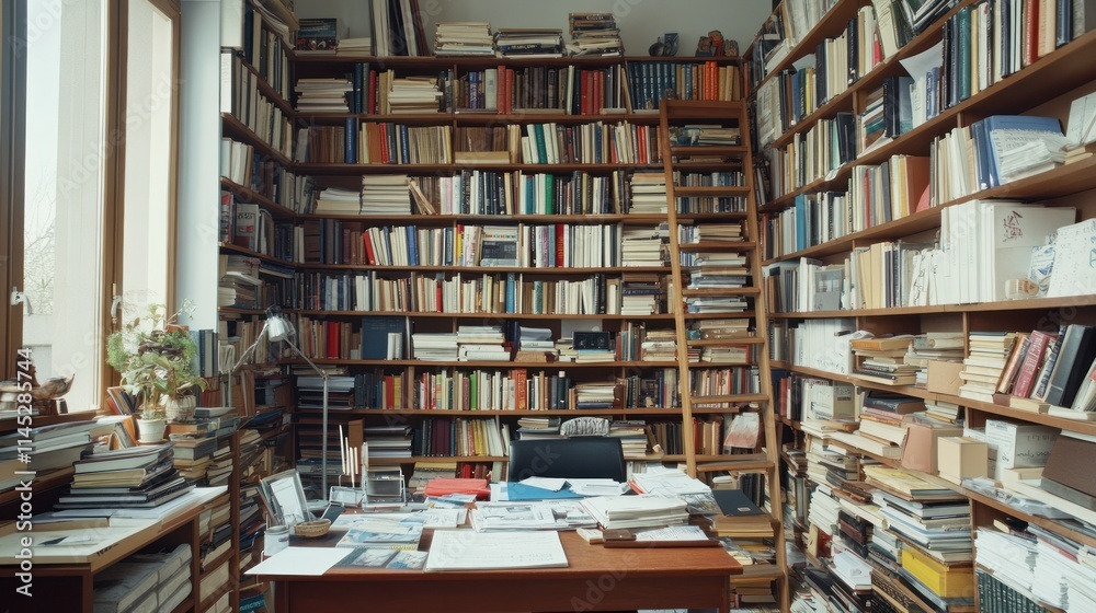 A cluttered study filled with bookshelves, a wooden desk, and a laptop. A cluttered study filled with bookshelves, a wooden desk, and a laptop.