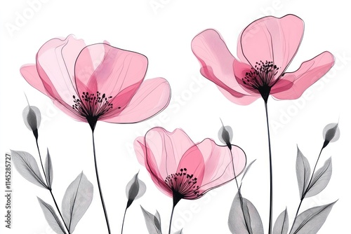 Three translucent pink poppies with grey leaves on white background.