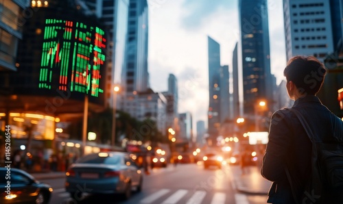 City street scene at dusk with a person observing traffic.