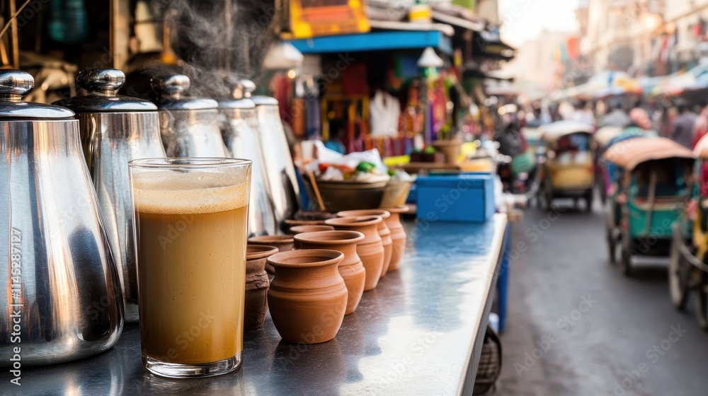 A steaming glass of masala chai served in a roadside tea stall in India, with stainless steel kettles and small clay cups lined up on the counter. In the background, a bustling street scene A steaming glass of masala chai served in a roadside tea stall in India, with stainless steel kettles and small clay cups lined up on the counter. In the background, a bustling street scene