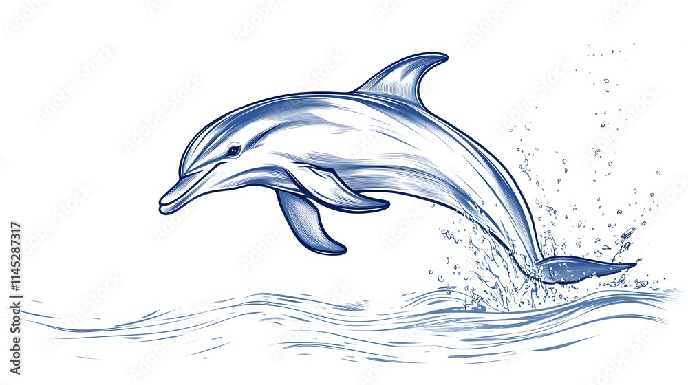 Fototapeta premium A playful dolphin jumping out of the water in elegant line art on a white background