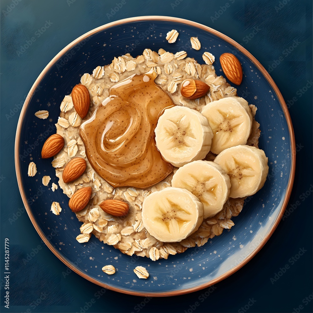 Oatmeal with banana slices, almond and peanut butter.