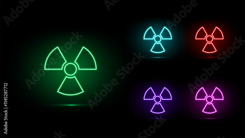 Glowing neon radiation signs set. Symbols of radioactivity in different colors. Green blue, pirple, red, pink radioactive icon. Vector illustration