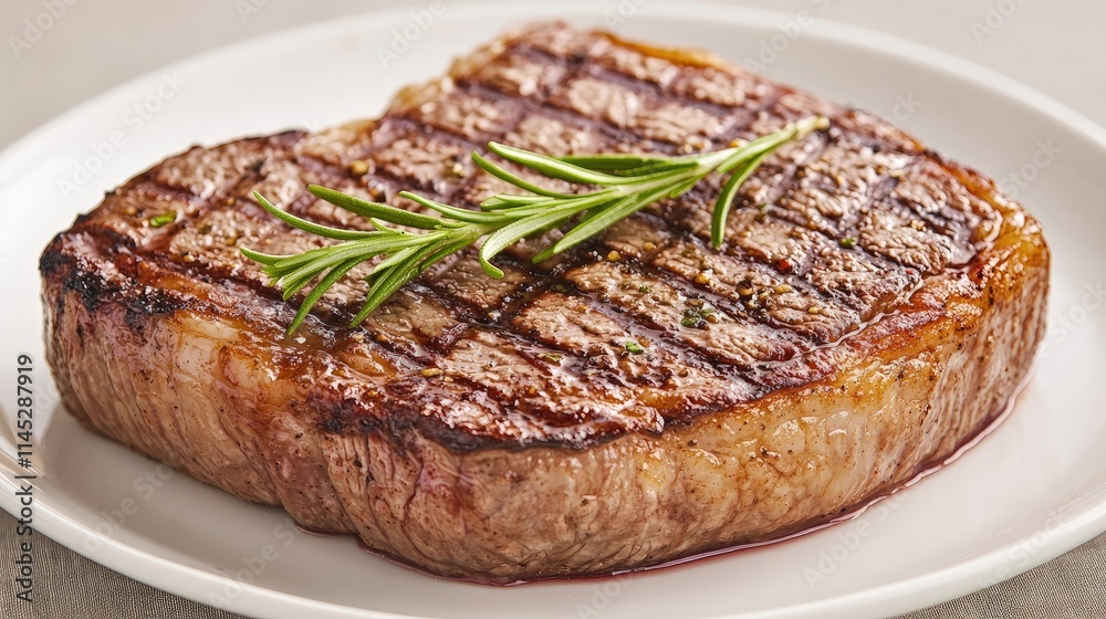 Grilled steak with rosemary sprig on white plate. Grilled steak with rosemary sprig on white plate.