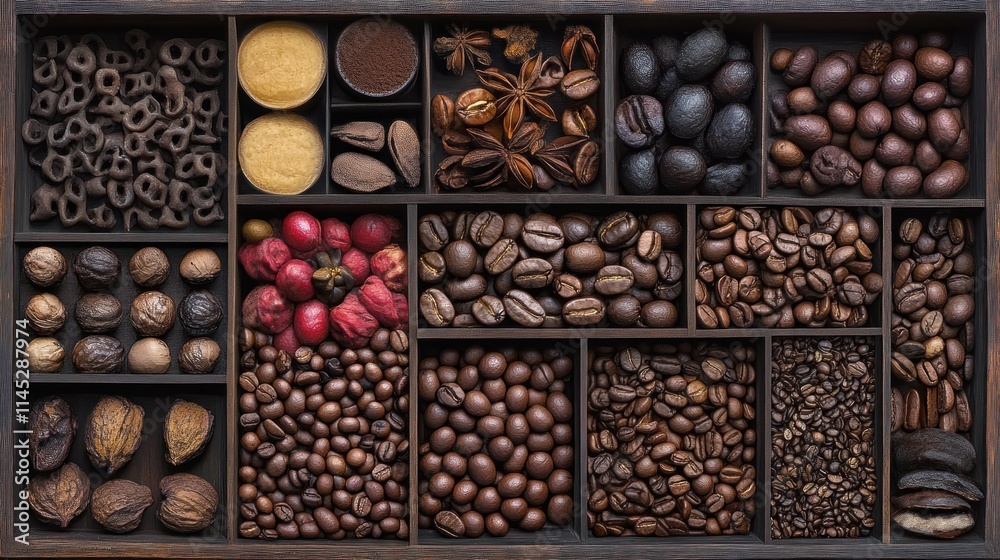 Wooden box filled with various coffee beans, spices, and nuts. Wooden box filled with various coffee beans, spices, and nuts.