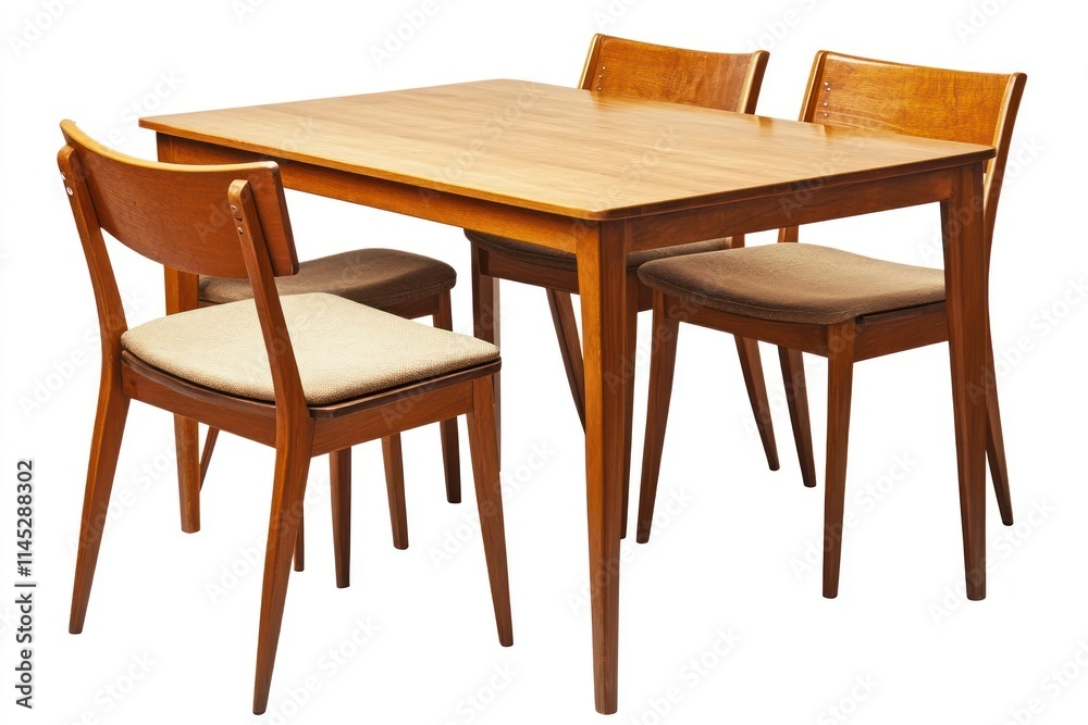 Wooden dining table with four chairs, light brown finish, mid-century modern style. Wooden dining table with four chairs, light brown finish, mid-century modern style.