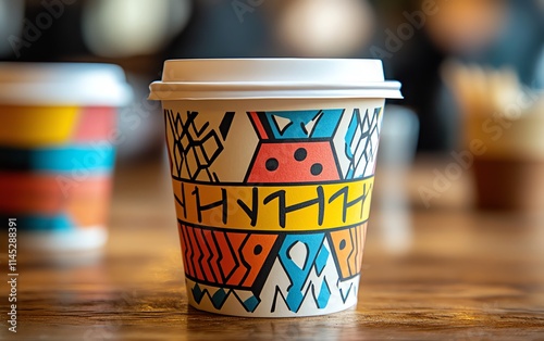 A contemporary paper espresso cup with intricate geometric designs, vibrant colors, and a premium feel for highend coffee branding photo