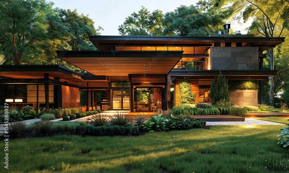 Modern minimalist two-story house evening view Modern minimalist two-story house evening view