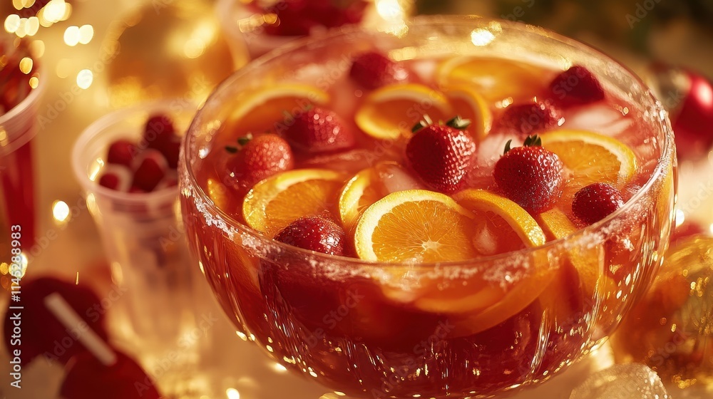 A vibrant fruit punch served in a glass bowl with floating orange slices and strawberries, surrounded by party decorations and plastic cups. A vibrant fruit punch served in a glass bowl with floating orange slices and strawberries, surrounded by party decorations and plastic cups.