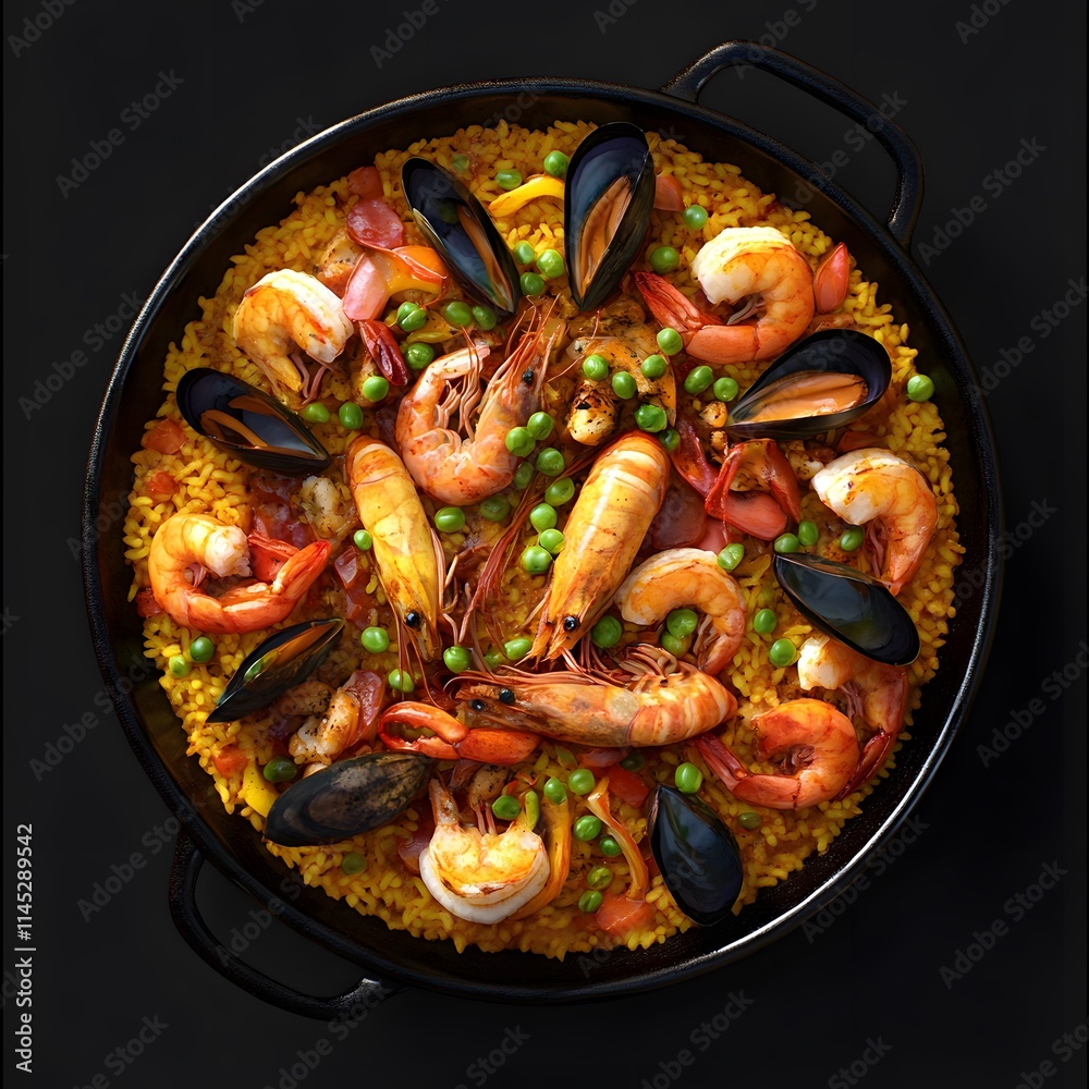Overhead view of a paella dish with shrimp, mussels, and peas in a black pan. Overhead view of a paella dish with shrimp, mussels, and peas in a black pan.