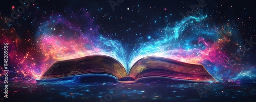 An imaginative blend of a glowing open book and a brainshaped circuit, surrounded by colorful digital streams, representing futuristic learning photo