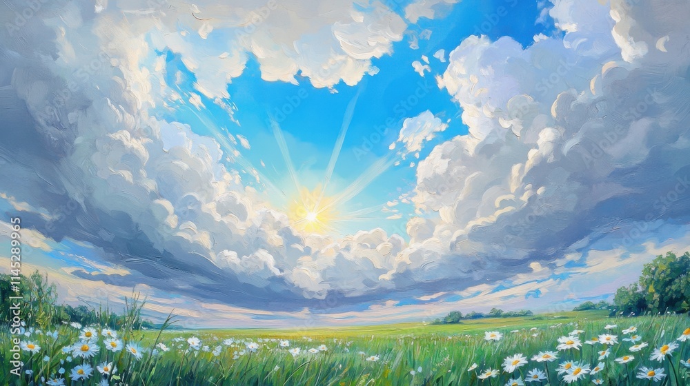 Paisaje natural con flores y cielo soleado Paisaje natural con flores y cielo soleado