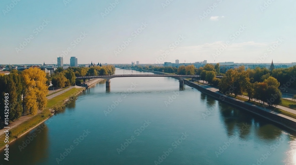 Aerial view of a bridge over a calm river, lined with trees and buildings in the background. Aerial view of a bridge over a calm river, lined with trees and buildings in the background.