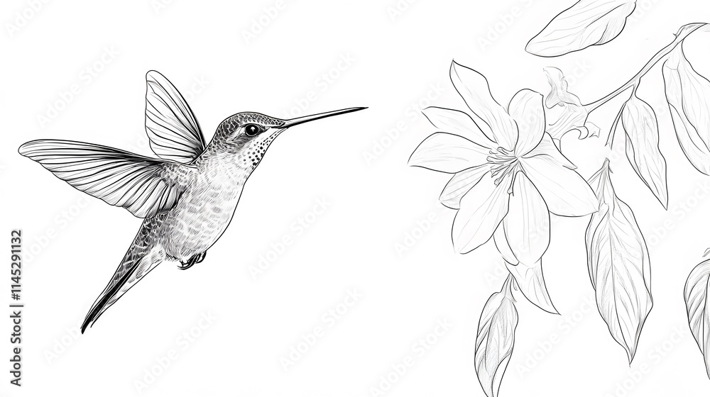 Fototapeta premium A tiny hummingbird hovering near a flower, captured in elegant line art on a white background