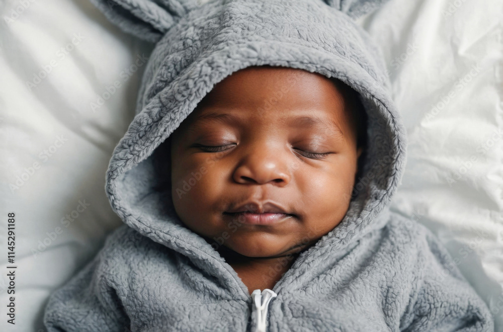 sleeping African American baby in a warm, gray hare costume on a white blanket sleeping African American baby in a warm, gray hare costume on a white blanket