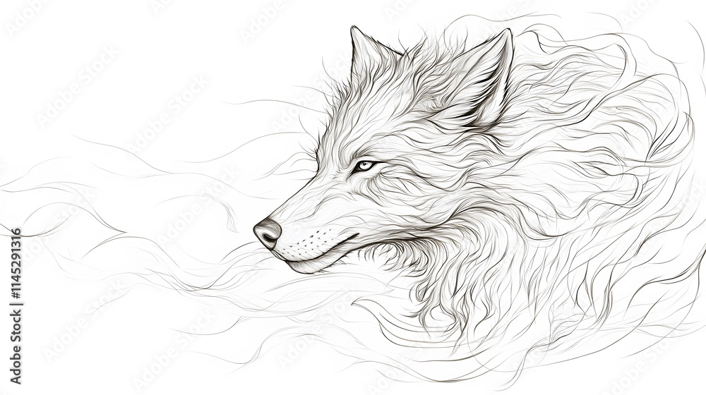 Naklejka premium A beautiful wolf with its fur flowing in the wind, outlined with delicate lines on a white background