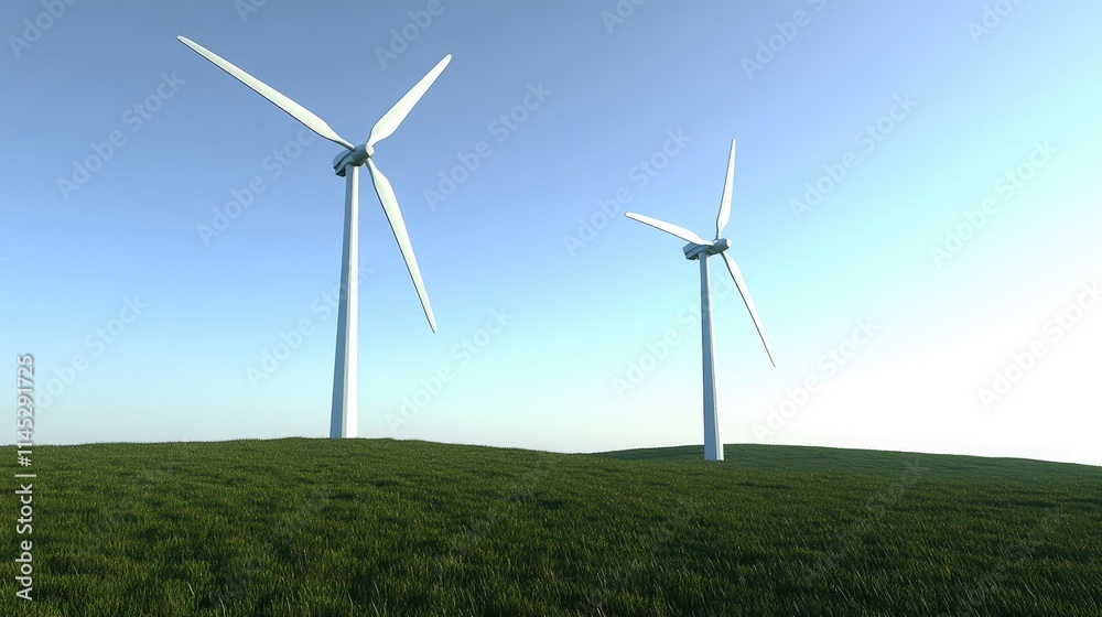Two Modern Wind Turbines Standing Tall on a Green Hill Under a Clear Blue Sky, Symbolizing Renewable Energy and Sustainable Development in Nature Two Modern Wind Turbines Standing Tall on a Green Hill Under a Clear Blue Sky, Symbolizing Renewable Energy and Sustainable Development in Nature