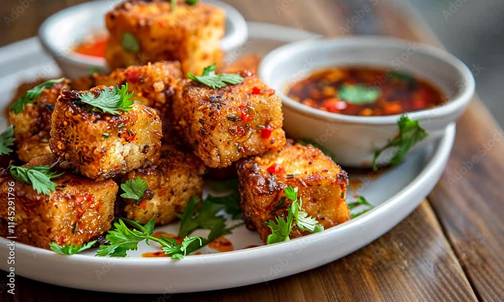 Crispy Fried Tofu with Chili Sauce and Herbs Crispy Fried Tofu with Chili Sauce and Herbs