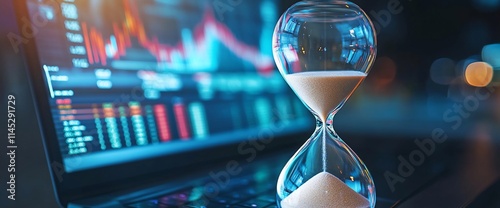 An hourglass on a laptop displaying financial data and market trends.