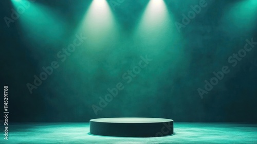 Dark teal room with spotlight on empty round pedestal.