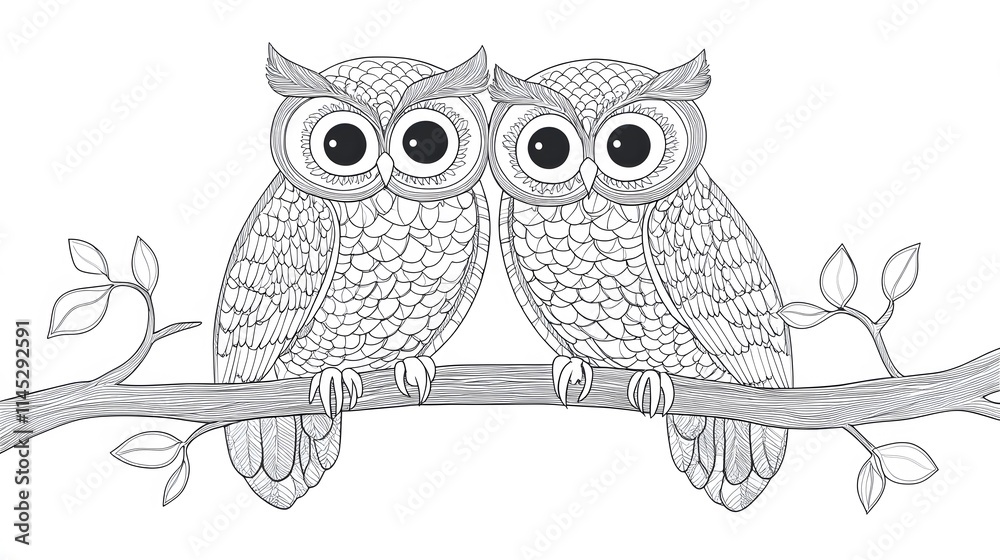 Obraz premium A pair of owls sitting on a branch together, outlined in intricate line art on a white background