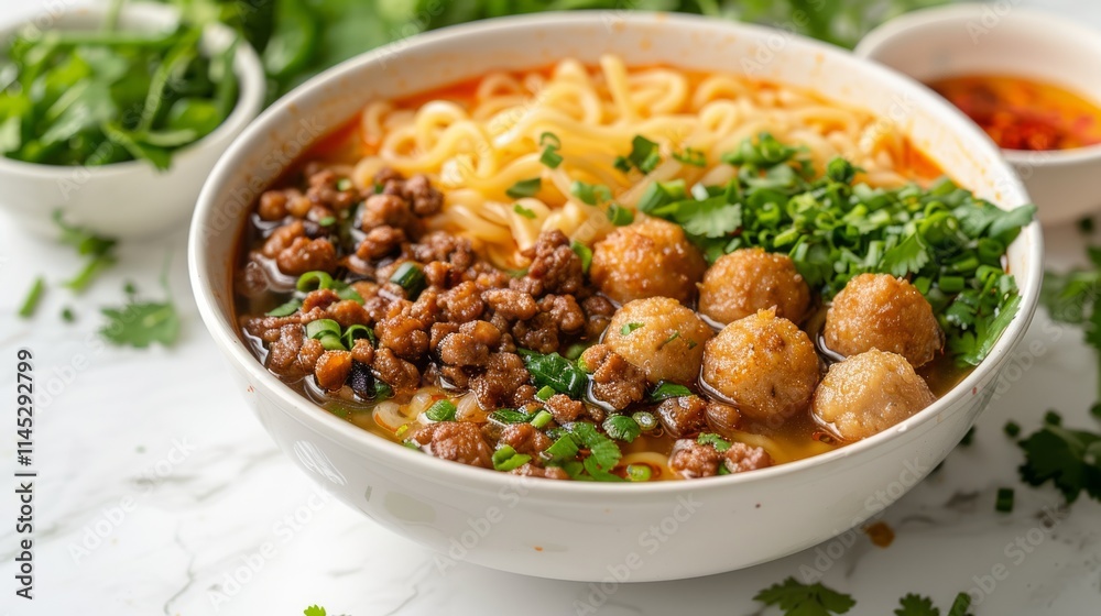 Delicious bowl of noodle soup with meatballs, minced meat, and fresh herbs. Delicious bowl of noodle soup with meatballs, minced meat, and fresh herbs.