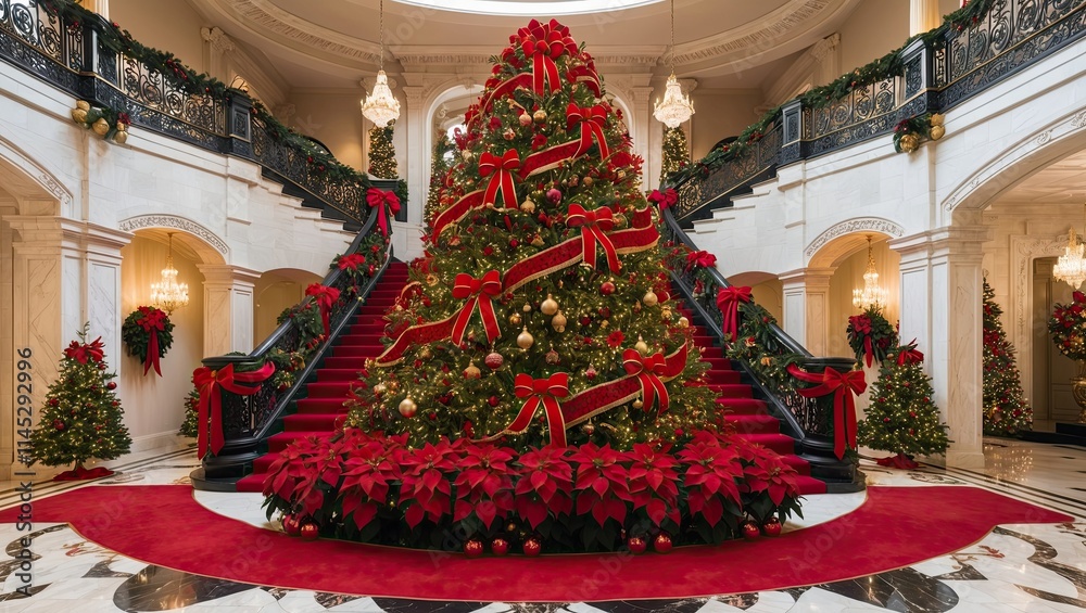 Fototapeta premium Majestic full decoration christmas tree in the center of voyer with two stairs in between