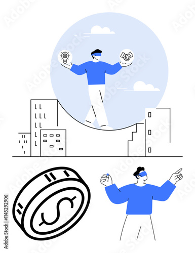 Businessman balancing gear and handshake atop city buildings. Dollar coin and expressive character at bottom. Ideal for business management, decision-making, finance, leadership, professionalism