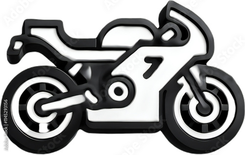 Stylized black and white illustration of a motorcycle with a sleek design, featuring a prominent fairing, circular wheels, and the number 7 on its side.