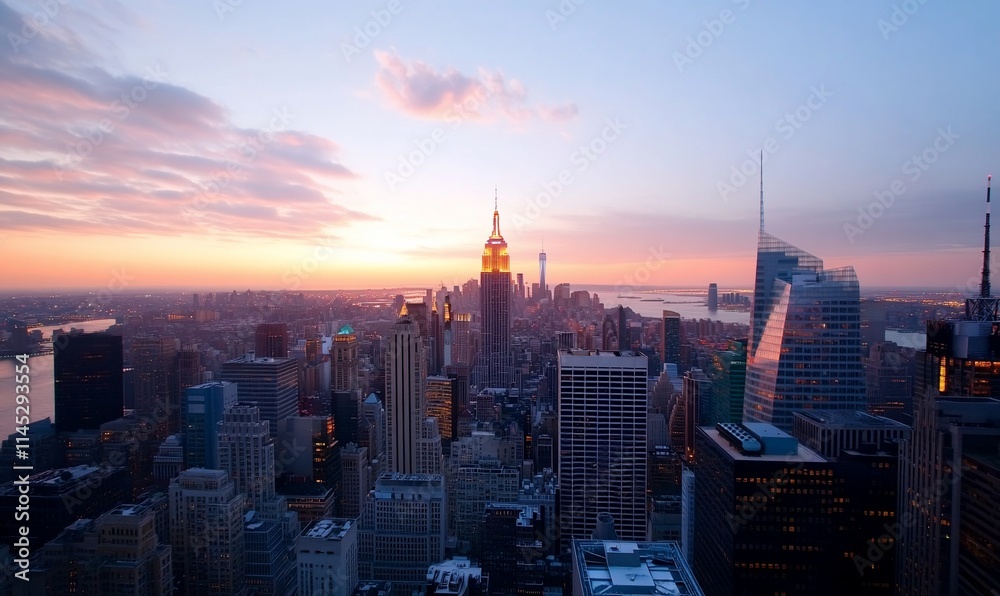 Fototapeta premium A stunning sunset view of a city skyline with iconic buildings.