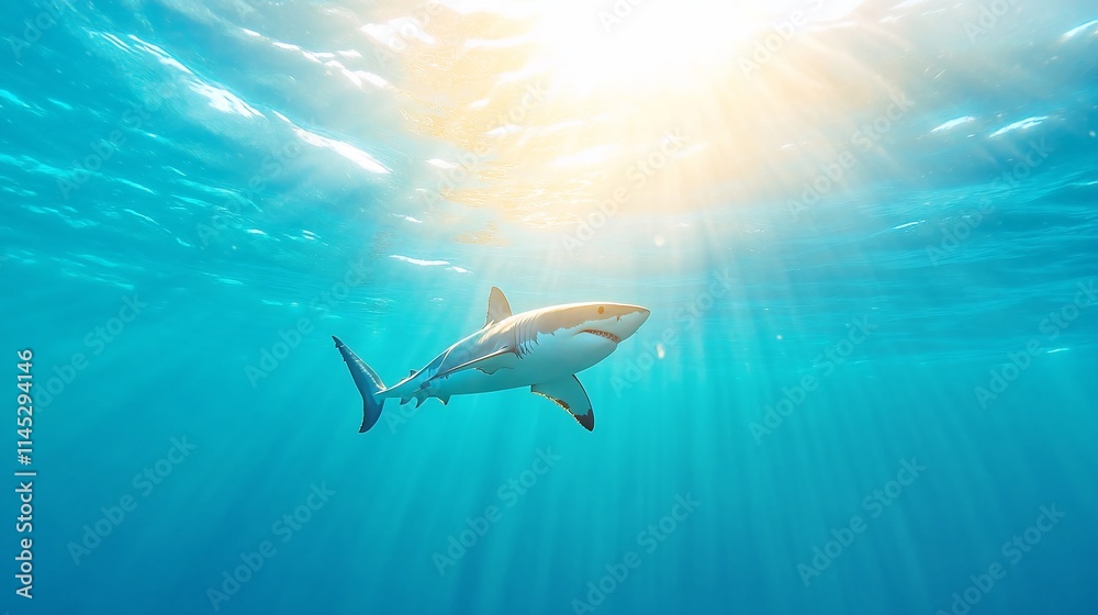 Fototapeta premium A shark swimming gracefully in sunlit ocean waters.