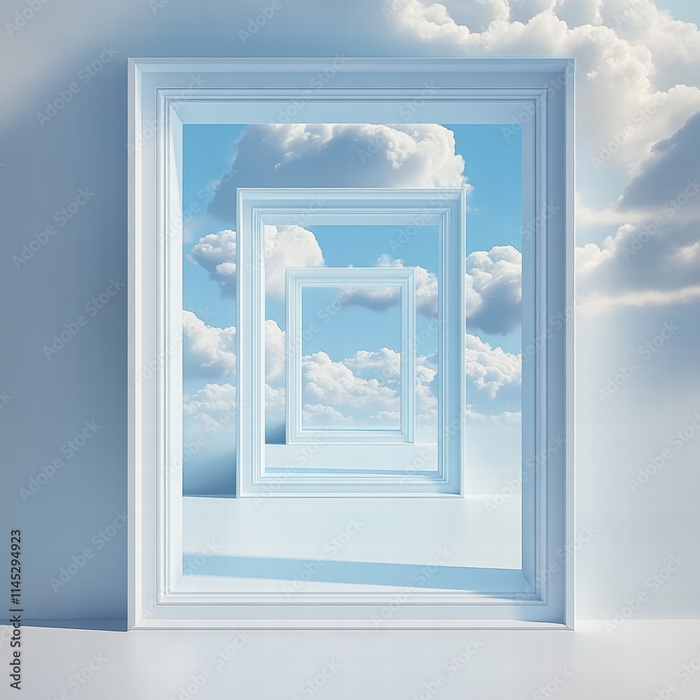 3D rendering of a white and blue sky with clouds, seen through a square portal. The light is coming from the top-left corner 3D rendering of a white and blue sky with clouds, seen through a square portal. The light is coming from the top-left corner