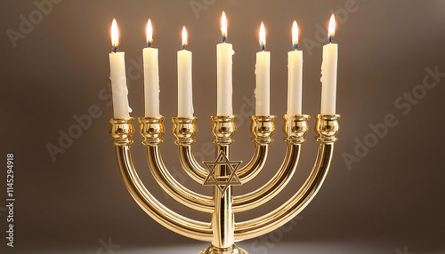 A golden menorah with lit candles, featuring a Star of David in the center, against a dark background Generative AI