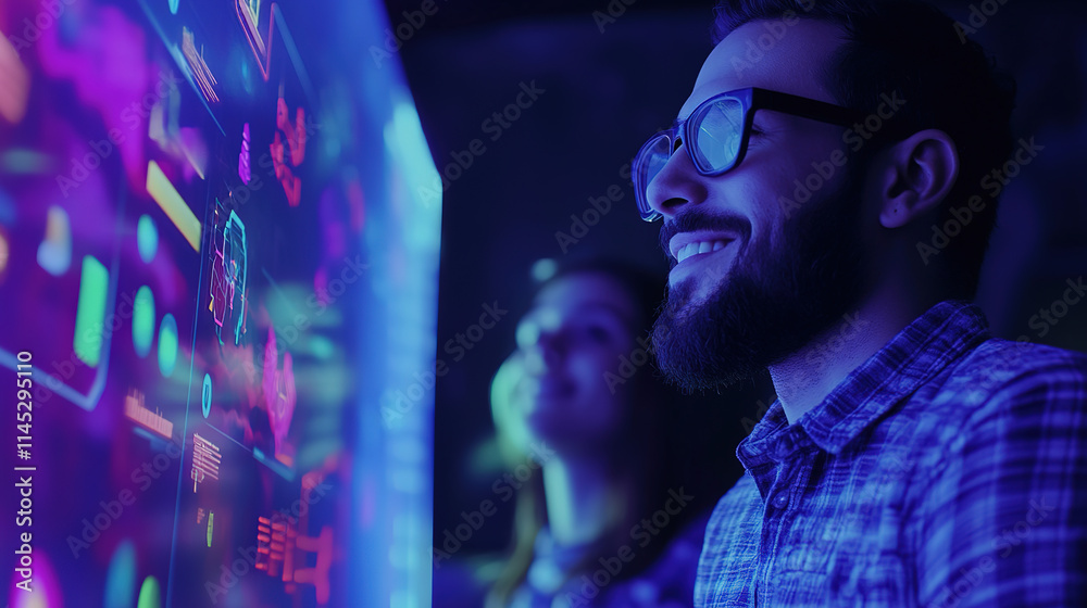 Game developer passionately presenting new game features to a group of intrigued colleagues, showcasing innovation and creativity in the gaming industry.
