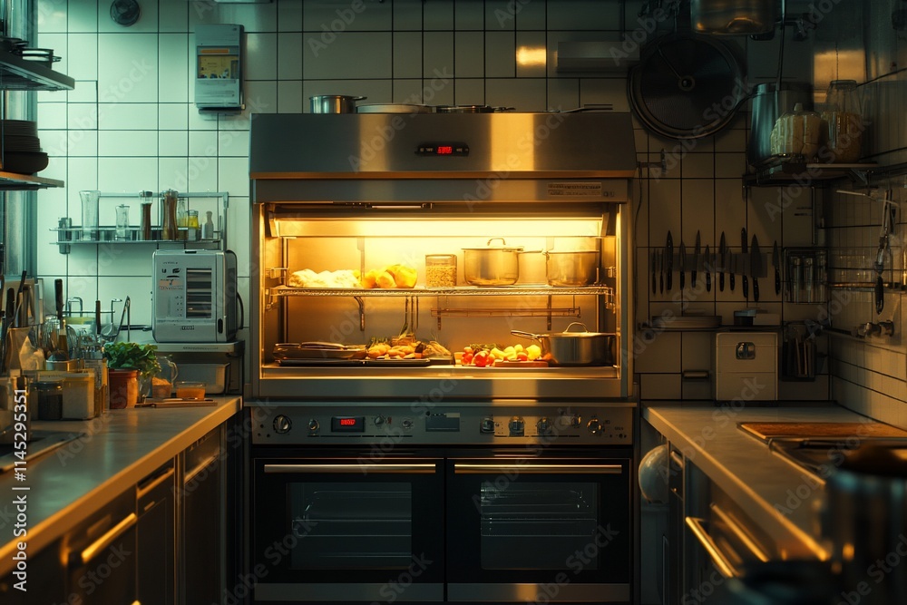 Illuminated warming drawer in a professional kitchen at night. Illuminated warming drawer in a professional kitchen at night.