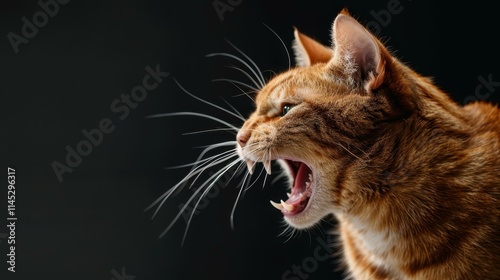 Fierce feline on a shadowy backdrop, growling with impressive intensity, showcasing its fierce demeanor.
