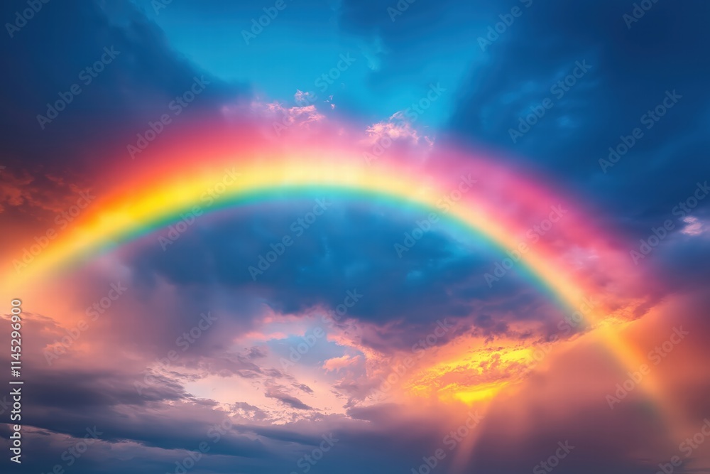Bright rainbow arches across the sky after a summer rainstorm at sunset